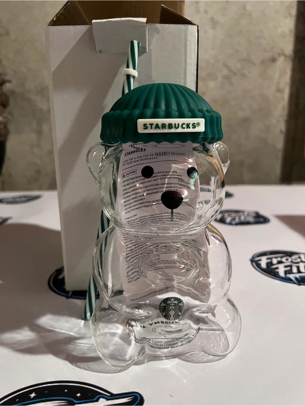 Starbucks Clear Bear-Shaped Glass Bottle with Green Cap and Green-White Straw